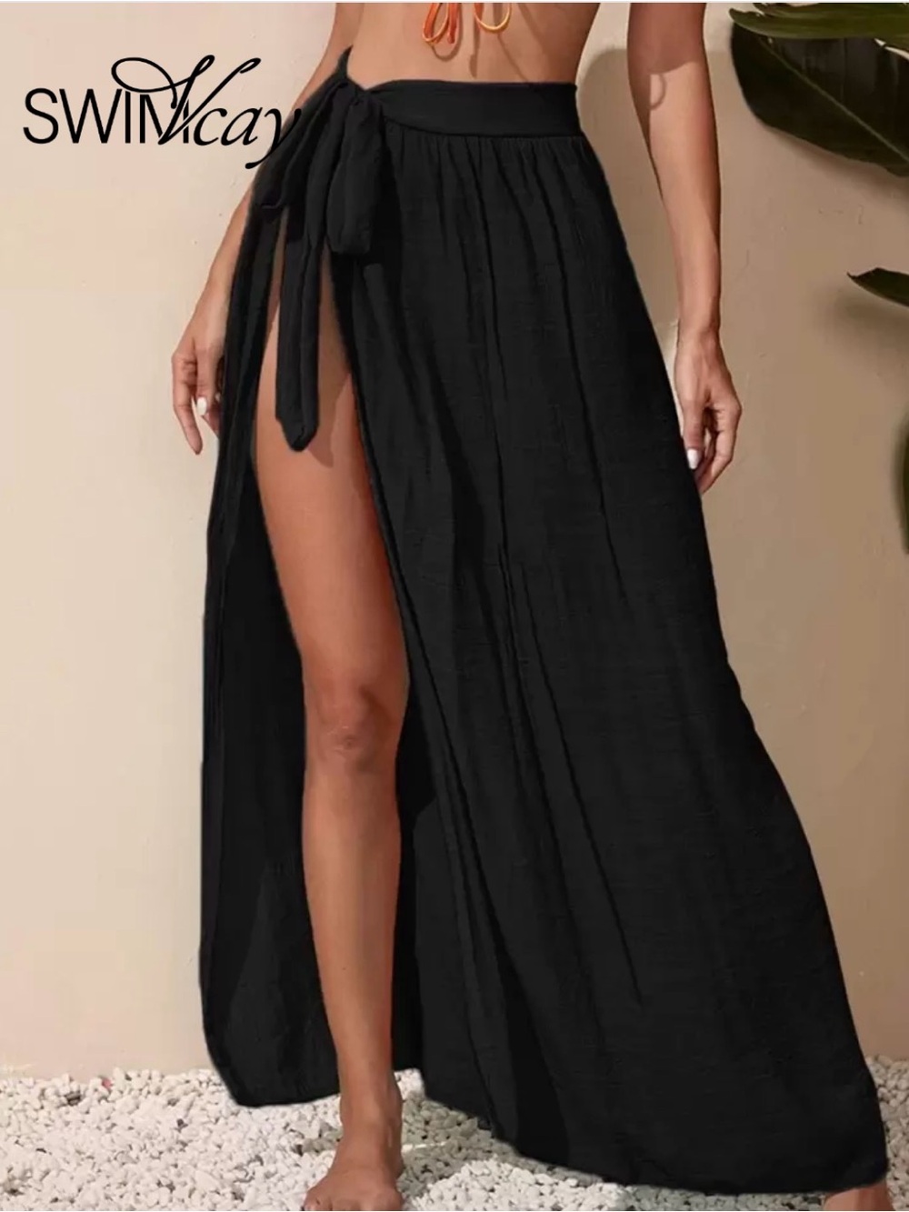 Black High-Slit Knot-Waist Swim Cover Up Skirt